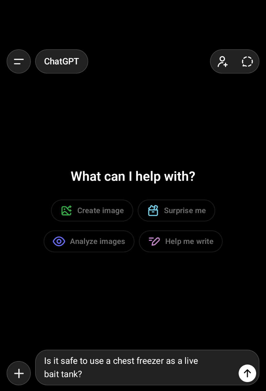 Screenshot of ChatGPT with the question “Is it safe to use a chest freezer as a live bait tank?” typed into the search field.