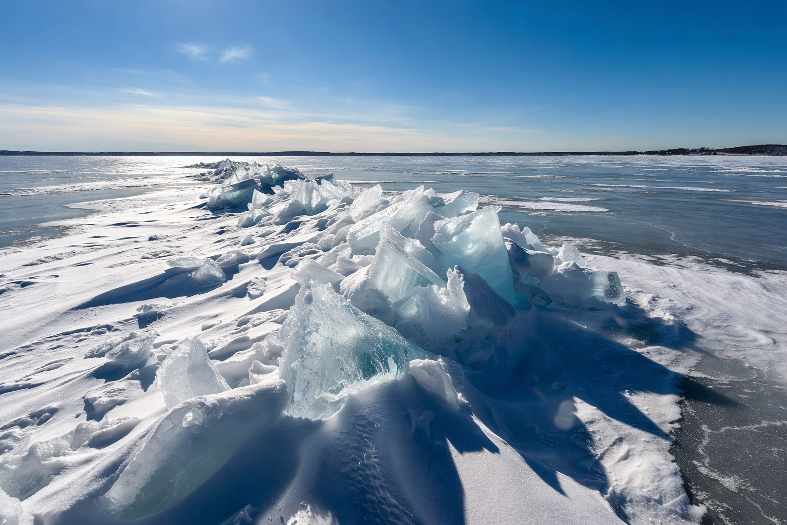 Pressure ridge stretching across a frozen Maine lake under a clear blue winter sky