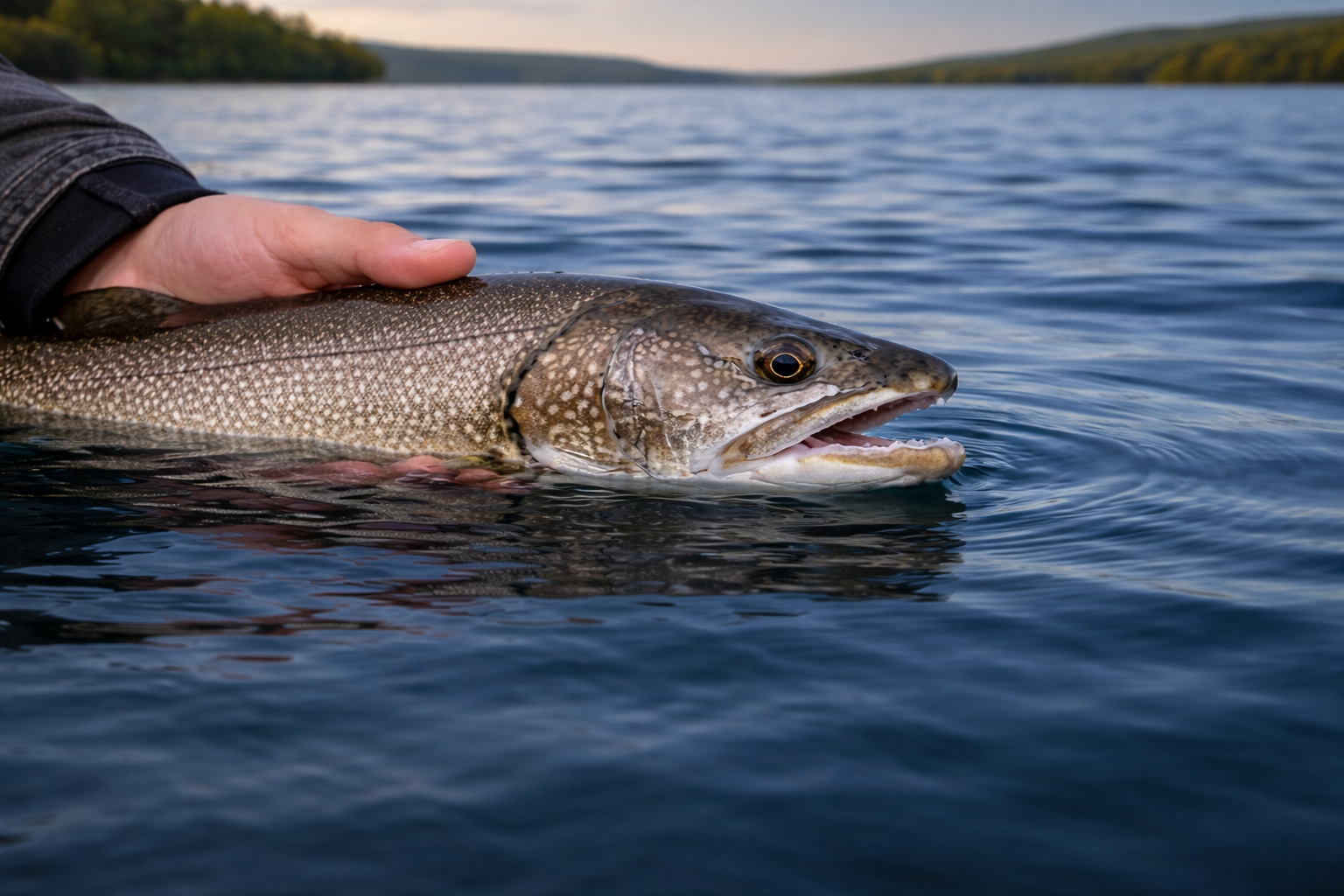 Lake trout held just below the surface of deep lake water with calm ripples and distant shoreline