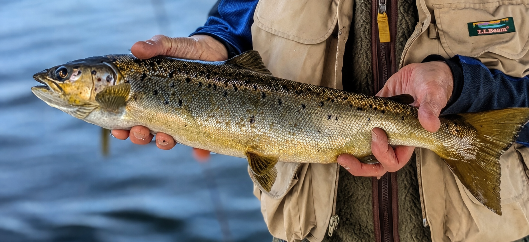 Close-up of a landlocked salmon being held by an angler, showing detailed head, scales, and spotting