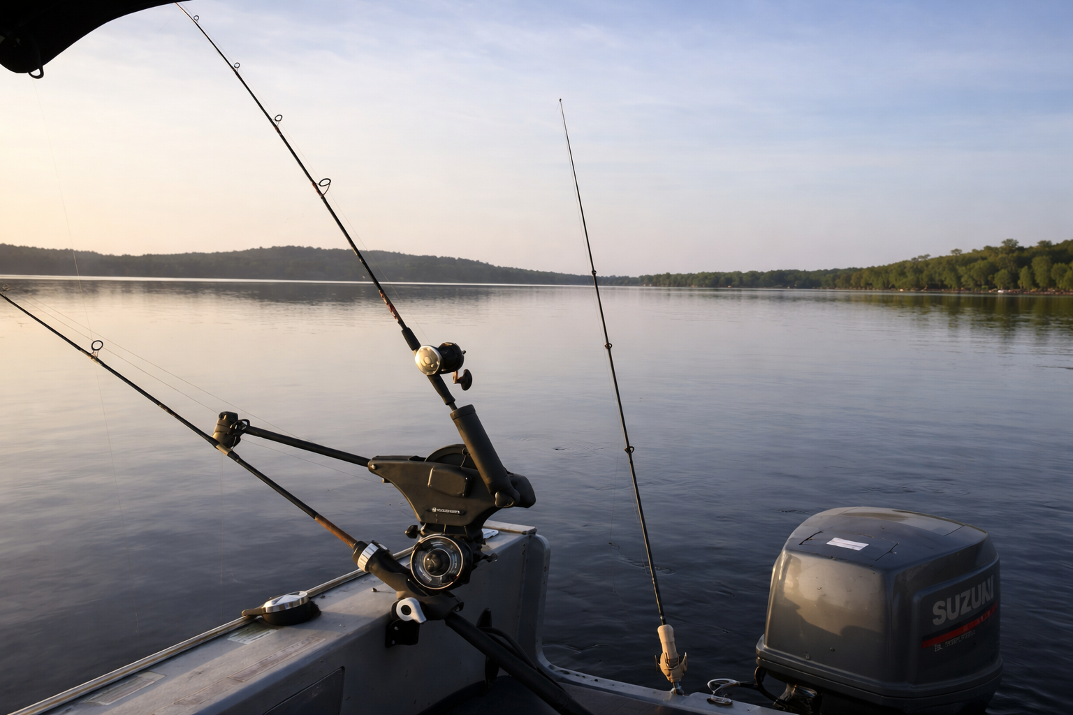 Downrigger and fishing rods on a boat at sunrise over calm Maine lake water