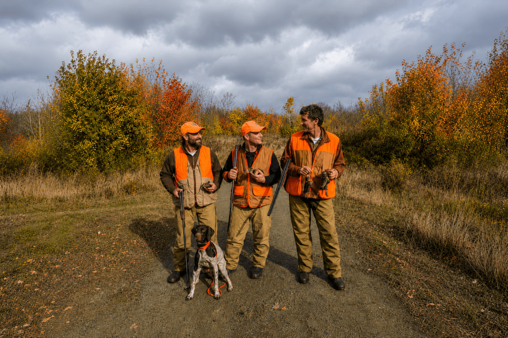 Three hunters in blaze orange stand with a bird dog on a gravel trail surrounded by colorful autumn foliage under a dark cloudy sky after an upland hunting outing.